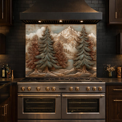 Alpine Pine Forest Backsplash, Copper Look Mountain Landscape Wall Panel, Custom Size