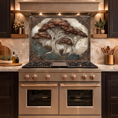 Majestic Oak Trees Backsplash, Copper Look Nature Wall Panel, Rustic Forest Decor, Custom Size
