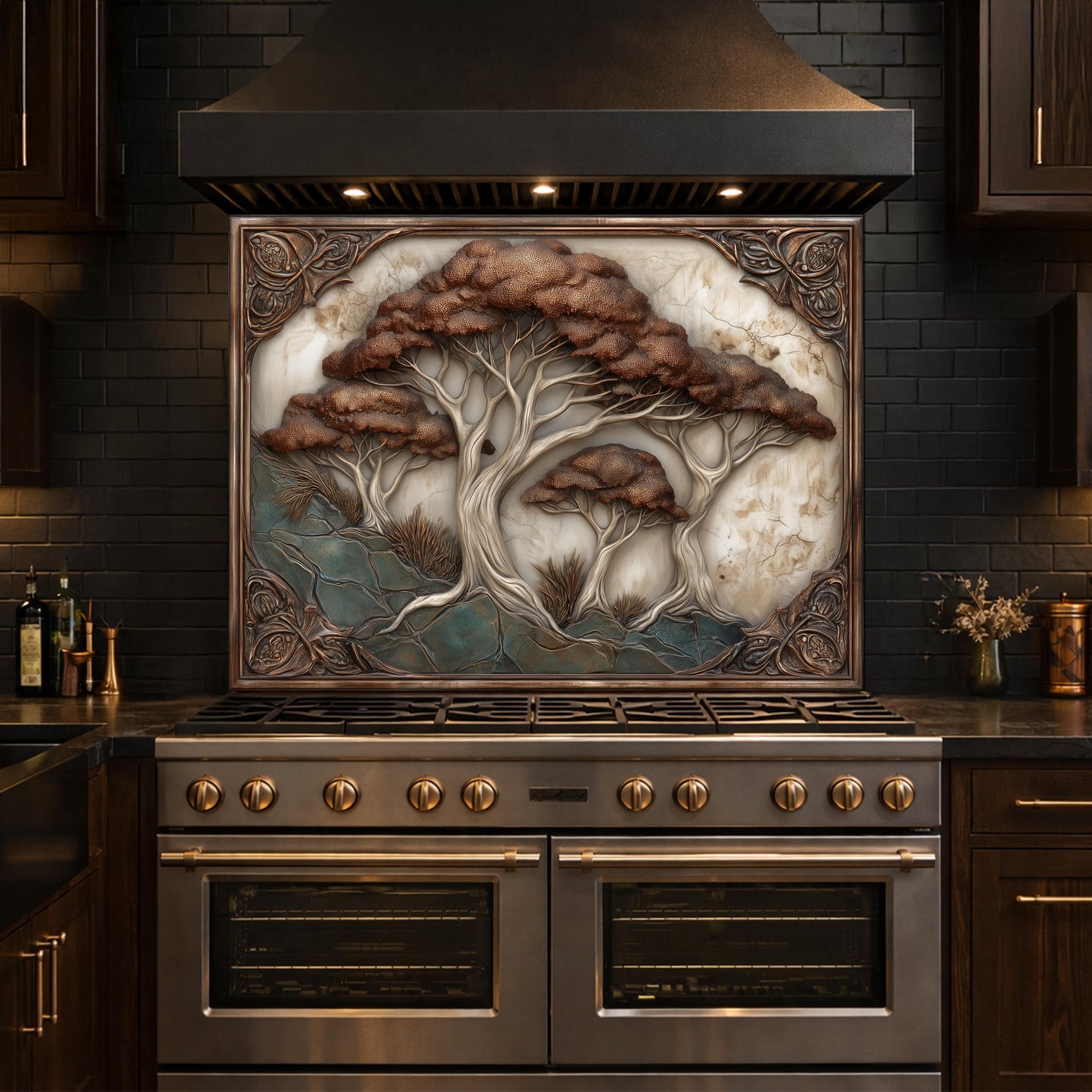 Majestic Oak Trees Backsplash, Copper Look Nature Wall Panel, Rustic Forest Decor, Custom Size