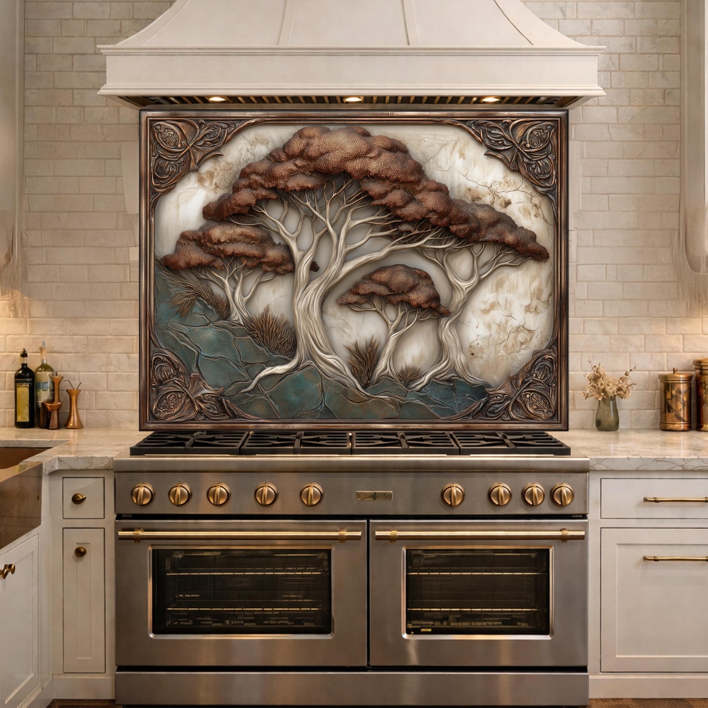 Majestic Oak Trees Backsplash, Copper Look Nature Wall Panel, Rustic Forest Decor, Custom Size