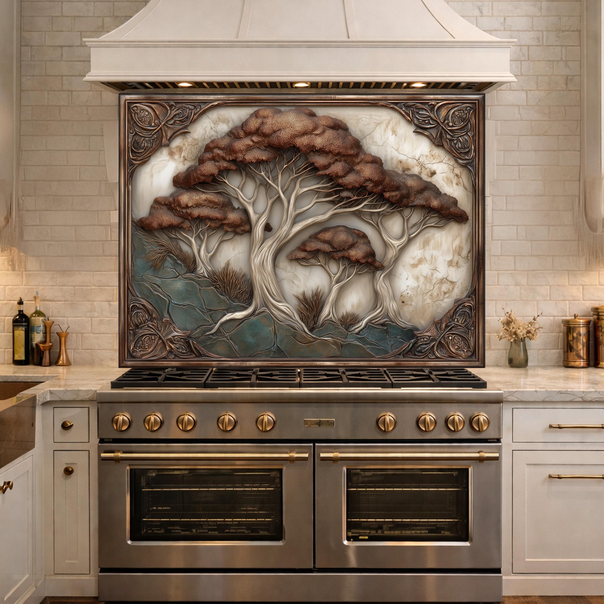 Majestic Oak Trees Backsplash, Copper Look Nature Wall Panel, Rustic Forest Decor, Custom Size