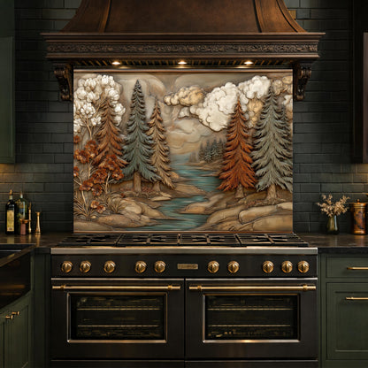 Alpine River Forest Backsplash, Copper Look Pine Trees Wall Panel, Nature Landscape, Custom Size