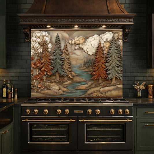 Alpine River Forest Backsplash, Copper Look Pine Trees Wall Panel, Nature Landscape, Custom Size