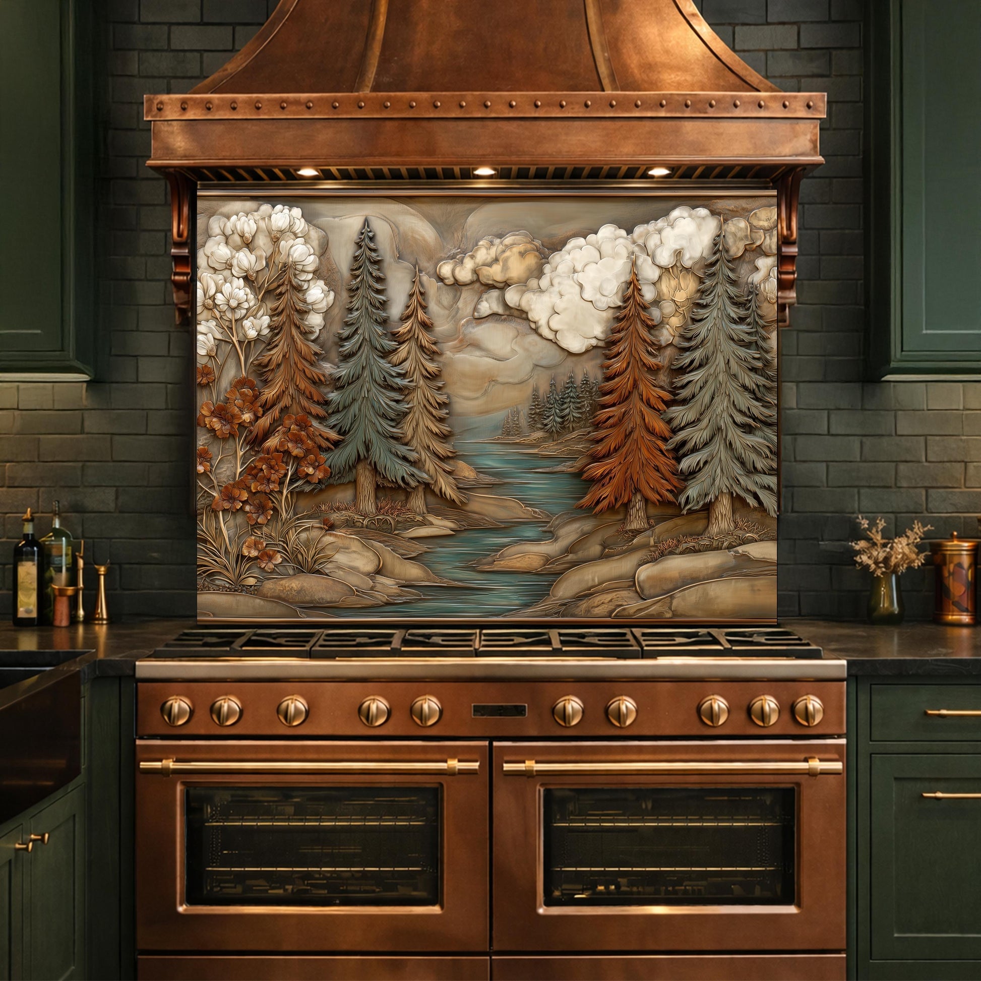 Alpine River Forest Backsplash, Copper Look Pine Trees Wall Panel, Nature Landscape, Custom Size