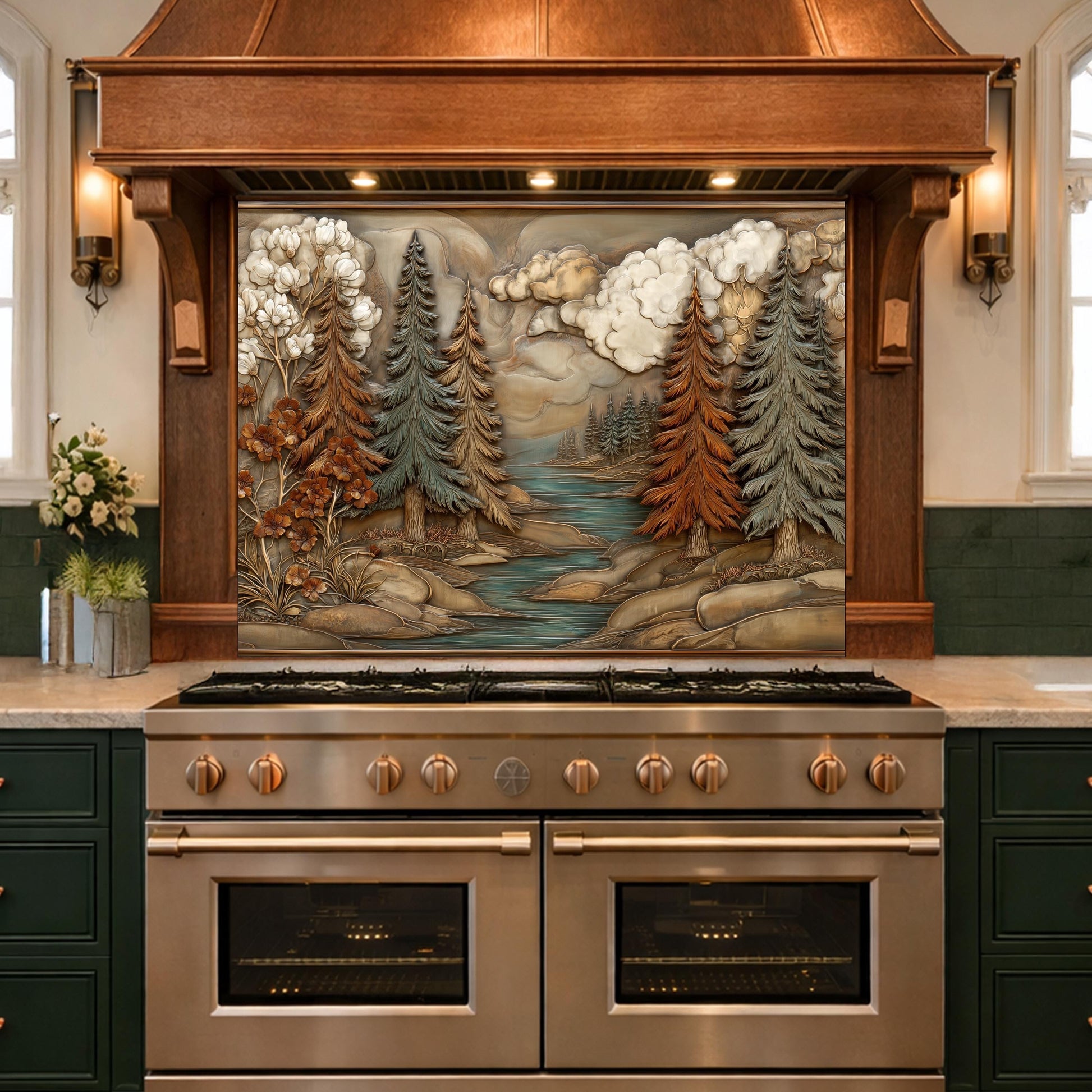 Alpine River Forest Backsplash, Copper Look Pine Trees Wall Panel, Nature Landscape, Custom Size