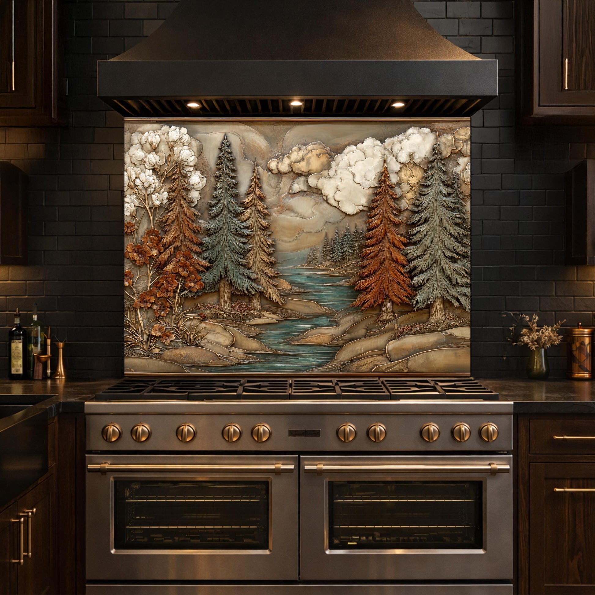Alpine River Forest Backsplash, Copper Look Pine Trees Wall Panel, Nature Landscape, Custom Size