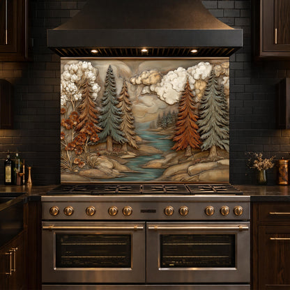 Alpine River Forest Backsplash, Copper Look Pine Trees Wall Panel, Nature Landscape, Custom Size