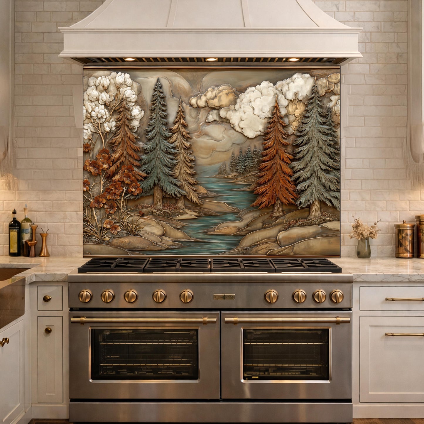 Alpine River Forest Backsplash, Copper Look Pine Trees Wall Panel, Nature Landscape, Custom Size
