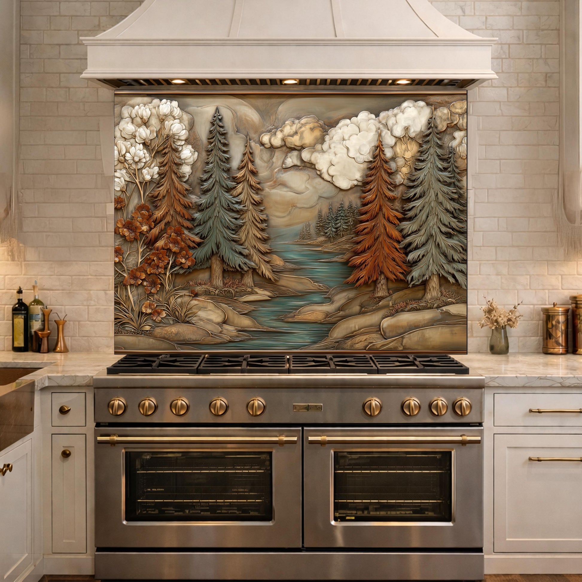 Alpine River Forest Backsplash, Copper Look Pine Trees Wall Panel, Nature Landscape, Custom Size