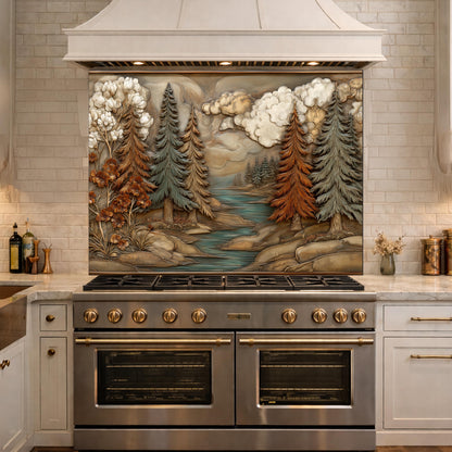 Alpine River Forest Backsplash, Copper Look Pine Trees Wall Panel, Nature Landscape, Custom Size