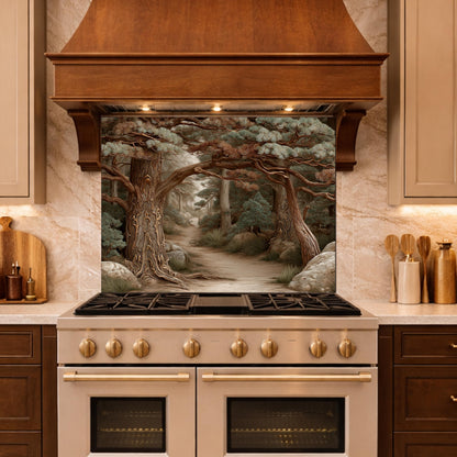 Mystic Forest Path Backsplash, Copper Look Ancient Trees Wall Panel, Nature Decor, Custom Size