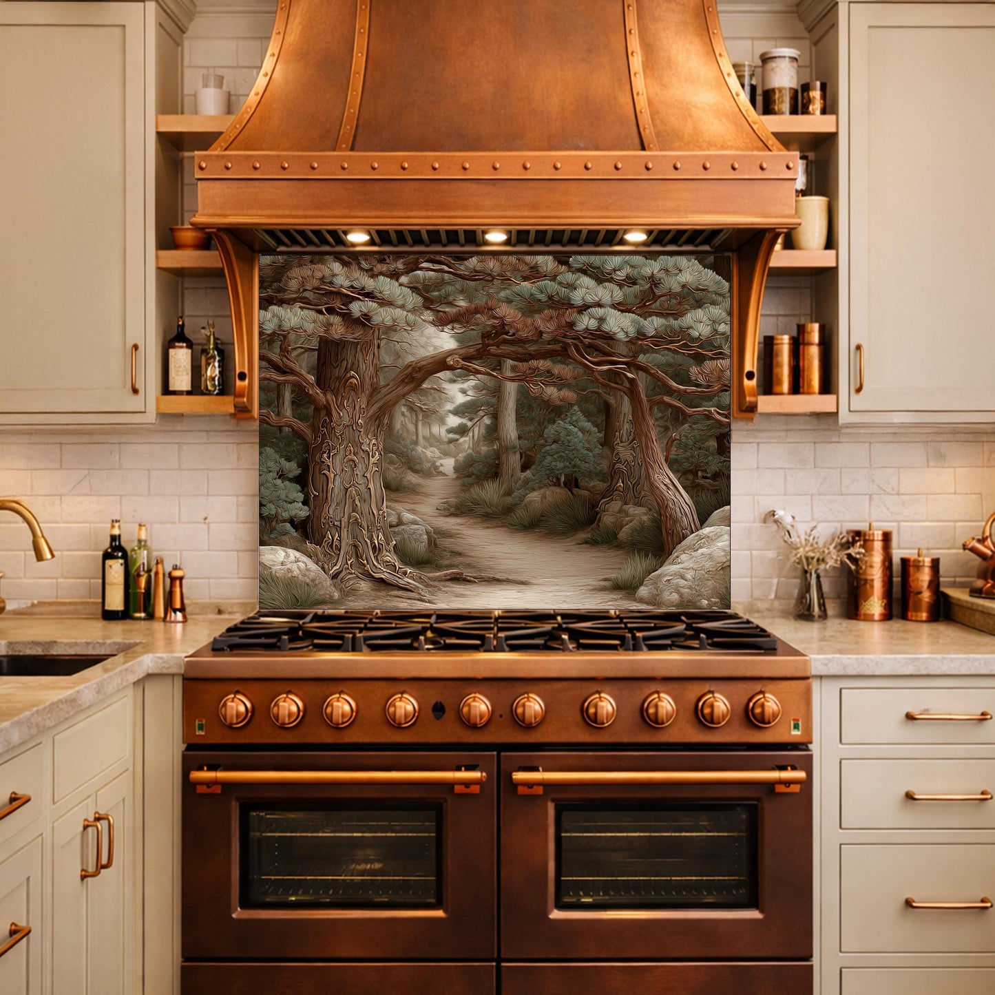 Mystic Forest Path Backsplash, Copper Look Ancient Trees Wall Panel, Nature Decor, Custom Size