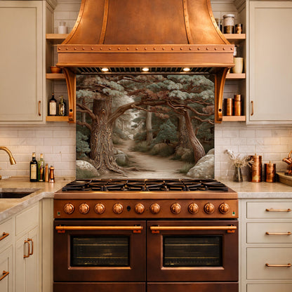 Mystic Forest Path Backsplash, Copper Look Ancient Trees Wall Panel, Nature Decor, Custom Size