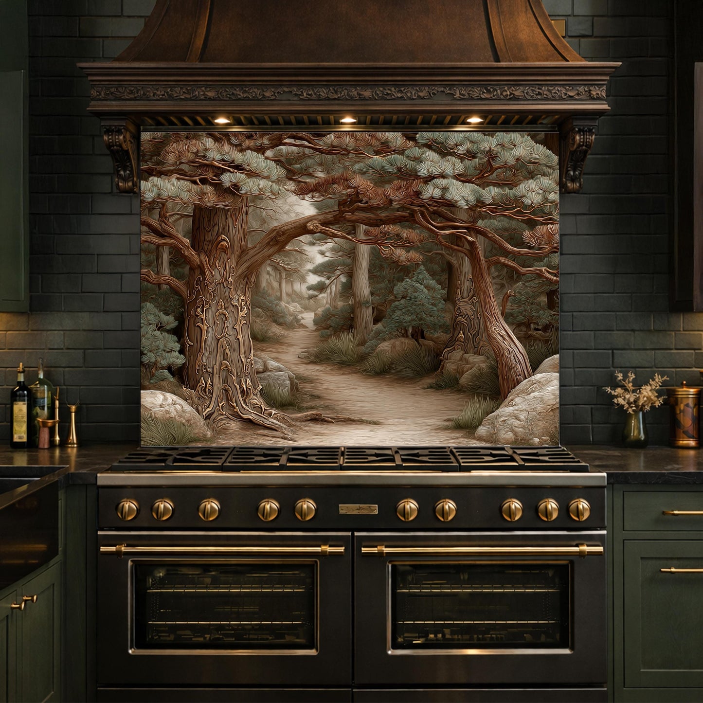 Mystic Forest Path Backsplash, Copper Look Ancient Trees Wall Panel, Nature Decor, Custom Size