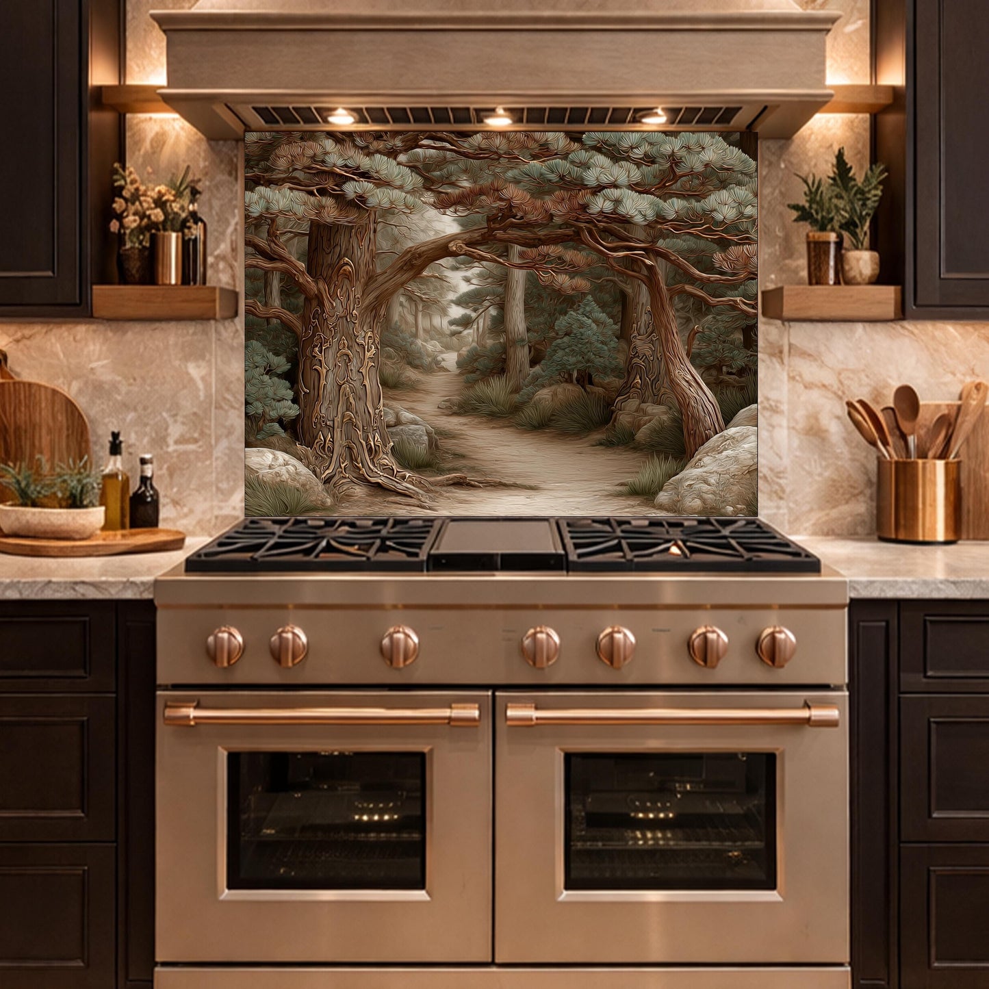 Mystic Forest Path Backsplash, Copper Look Ancient Trees Wall Panel, Nature Decor, Custom Size