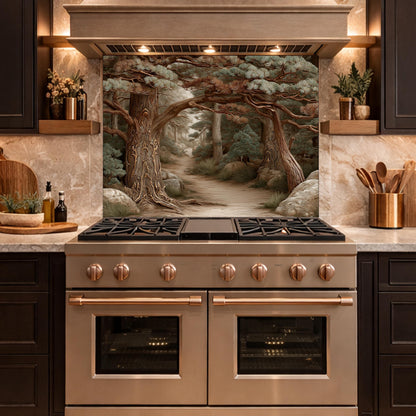 Mystic Forest Path Backsplash, Copper Look Ancient Trees Wall Panel, Nature Decor, Custom Size