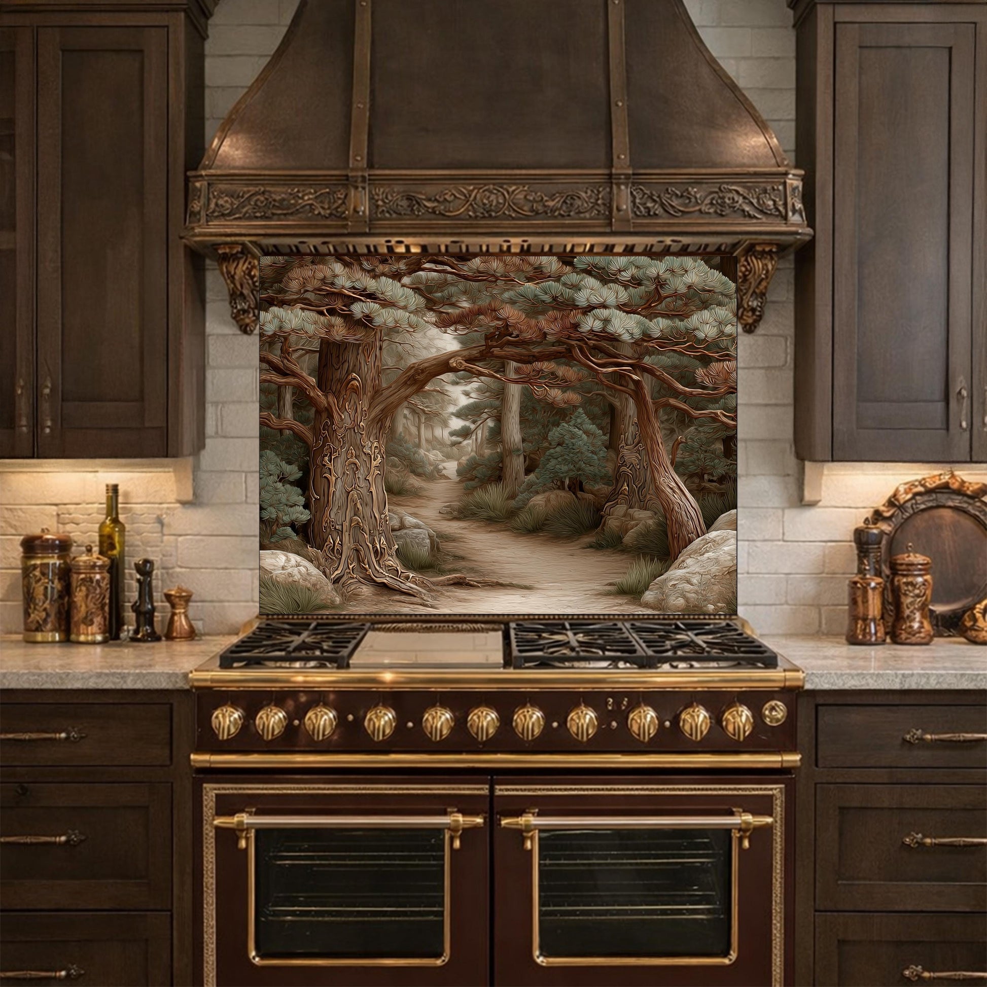 Mystic Forest Path Backsplash, Copper Look Ancient Trees Wall Panel, Nature Decor, Custom Size
