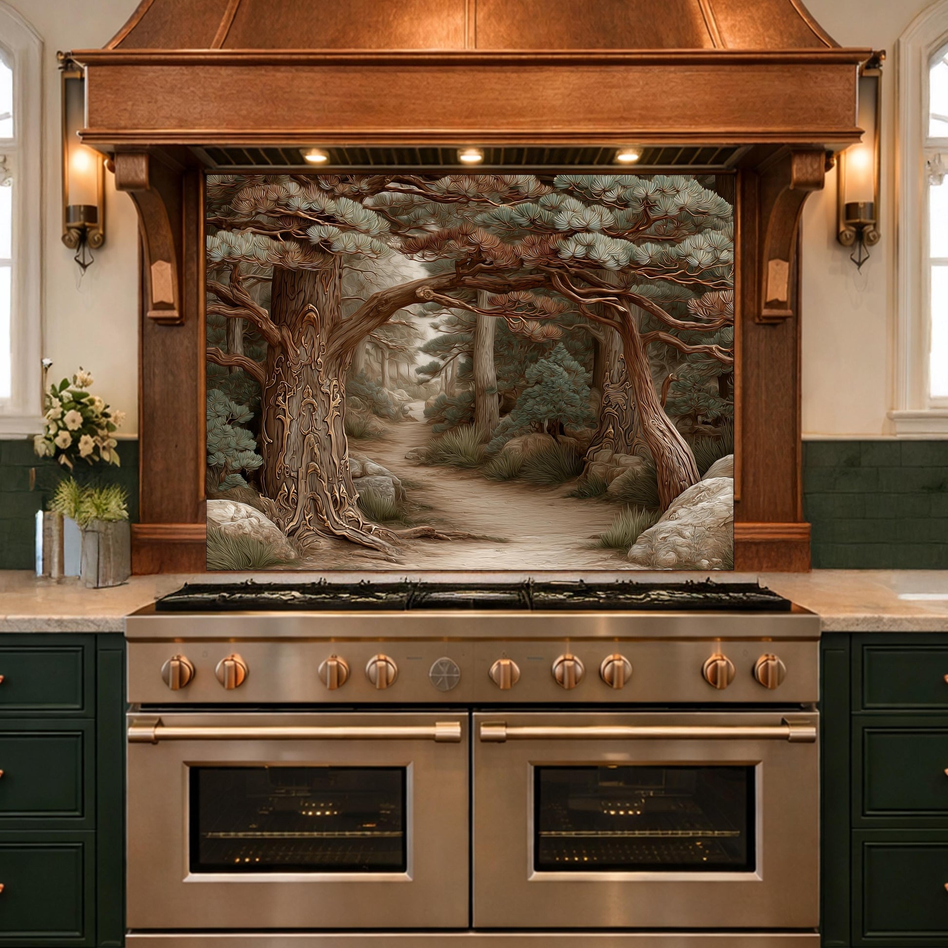Mystic Forest Path Backsplash, Copper Look Ancient Trees Wall Panel, Nature Decor, Custom Size