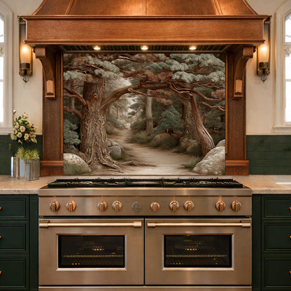 Mystic Forest Path Backsplash, Copper Look Ancient Trees Wall Panel, Nature Decor, Custom Size