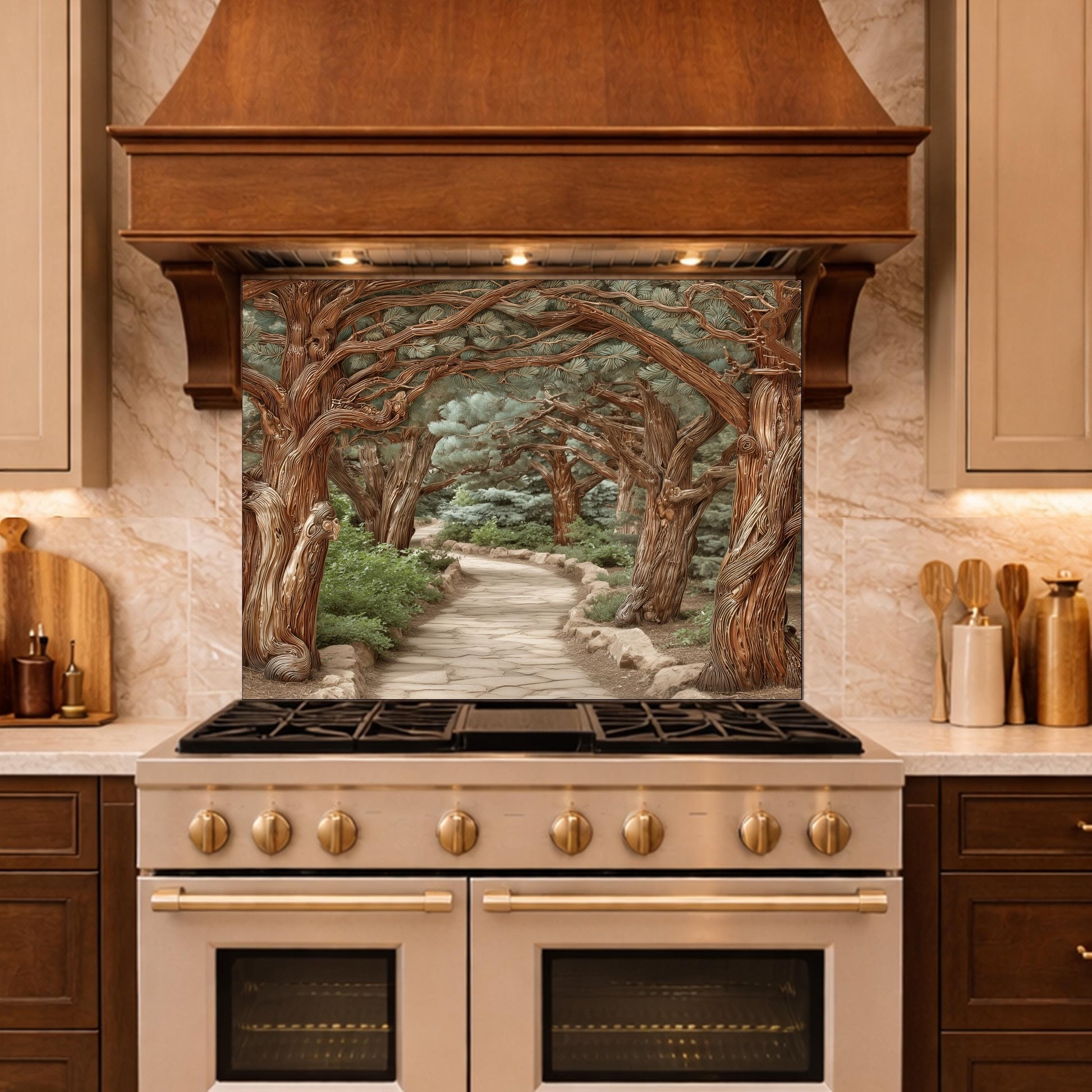 Enchanted Forest Path Backsplash, Copper Look Curved Trees Wall Panel, Nature Decor, Custom Size