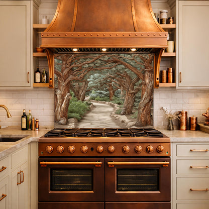 Enchanted Forest Path Backsplash, Copper Look Curved Trees Wall Panel, Nature Decor, Custom Size