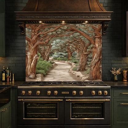 Enchanted Forest Path Backsplash, Copper Look Curved Trees Wall Panel, Nature Decor, Custom Size