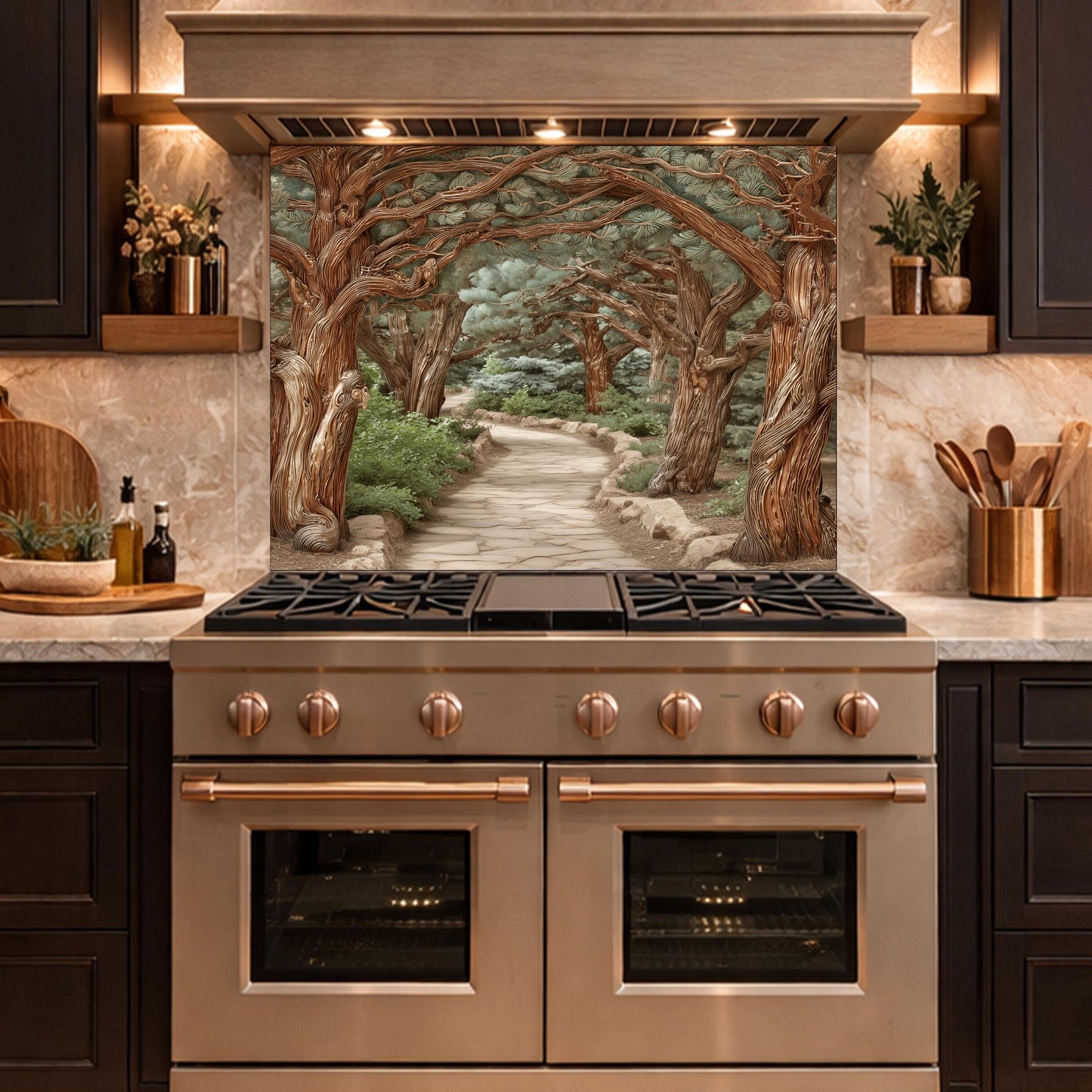 Enchanted Forest Path Backsplash, Copper Look Curved Trees Wall Panel, Nature Decor, Custom Size