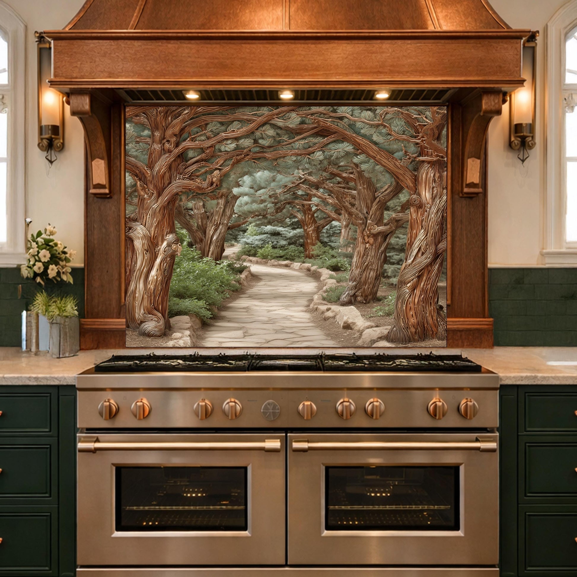 Enchanted Forest Path Backsplash, Copper Look Curved Trees Wall Panel, Nature Decor, Custom Size
