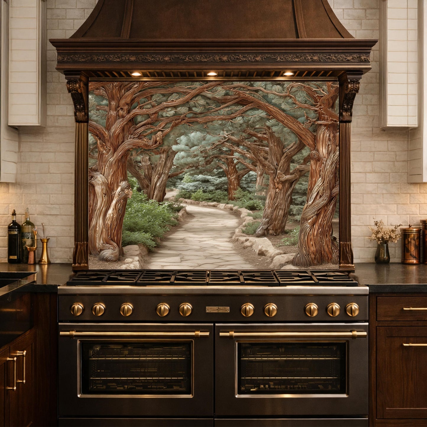 Enchanted Forest Path Backsplash, Copper Look Curved Trees Wall Panel, Nature Decor, Custom Size