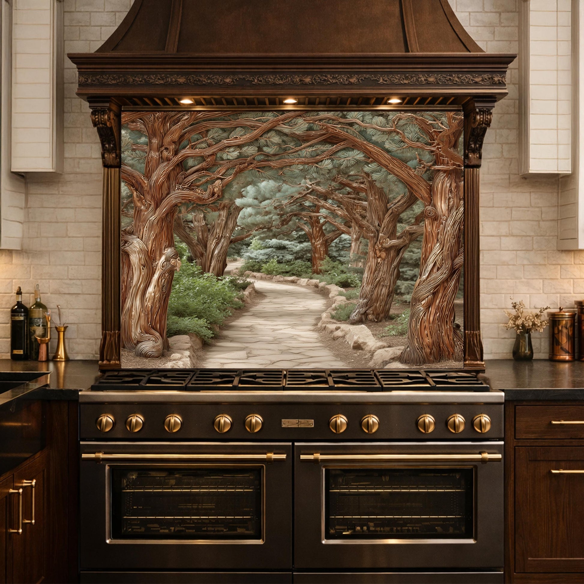 Enchanted Forest Path Backsplash, Copper Look Curved Trees Wall Panel, Nature Decor, Custom Size