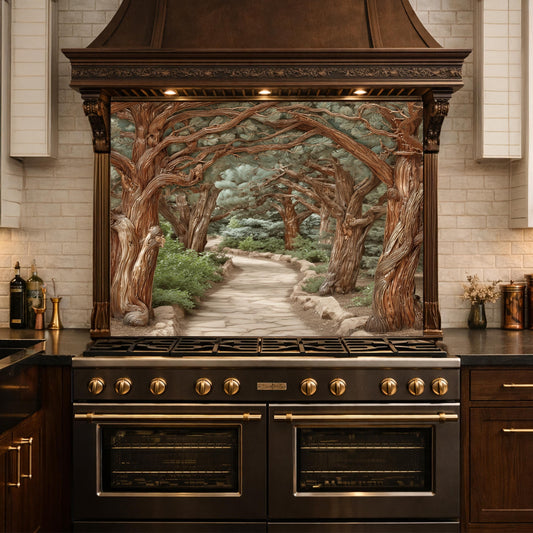 Enchanted Forest Path Backsplash, Copper Look Curved Trees Wall Panel, Nature Decor, Custom Size