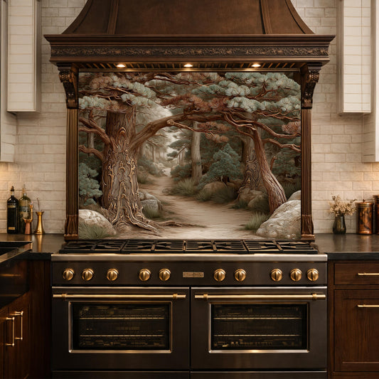 Mystic Forest Path Backsplash, Copper Look Ancient Trees Wall Panel, Nature Decor, Custom Size