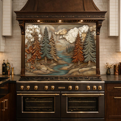 Alpine River Forest Backsplash, Copper Look Pine Trees Wall Panel, Nature Landscape, Custom Size