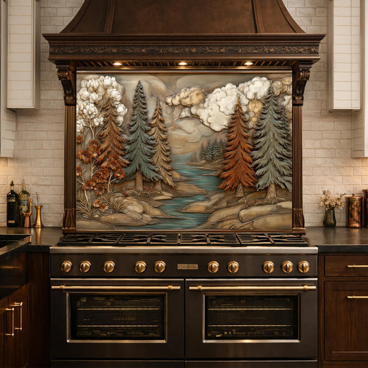 Alpine River Forest Backsplash, Copper Look Pine Trees Wall Panel, Nature Landscape, Custom Size