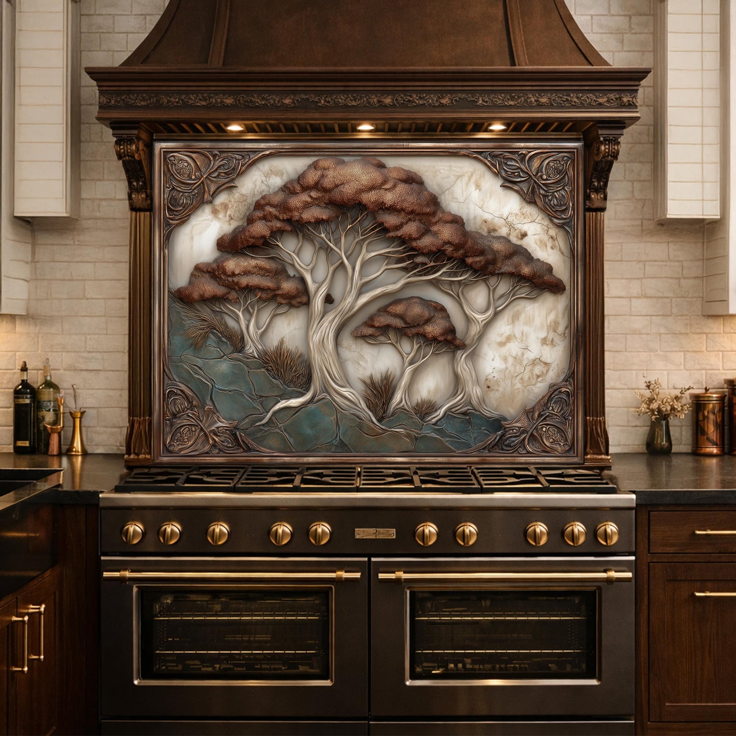 Majestic Oak Trees Backsplash, Copper Look Nature Wall Panel, Rustic Forest Decor, Custom Size