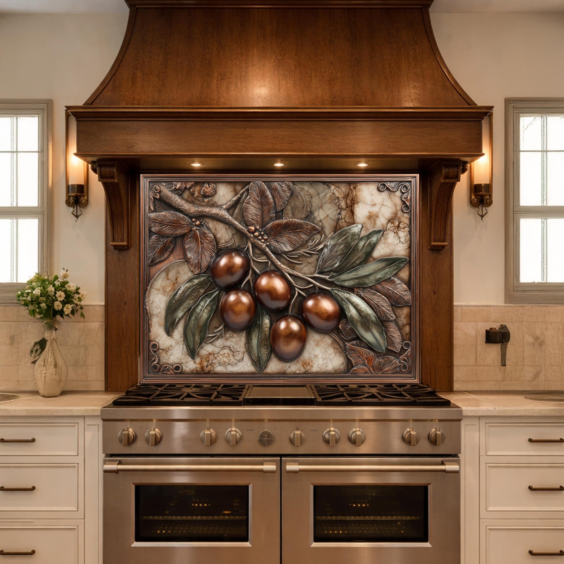 Olive Branch Backsplash, Copper Look Fruit Wall Panel, Marble Texture Art, Custom Size