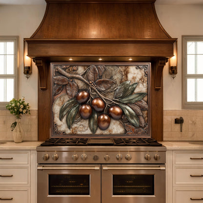 Olive Branch Backsplash, Copper Look Fruit Wall Panel, Marble Texture Art, Custom Size