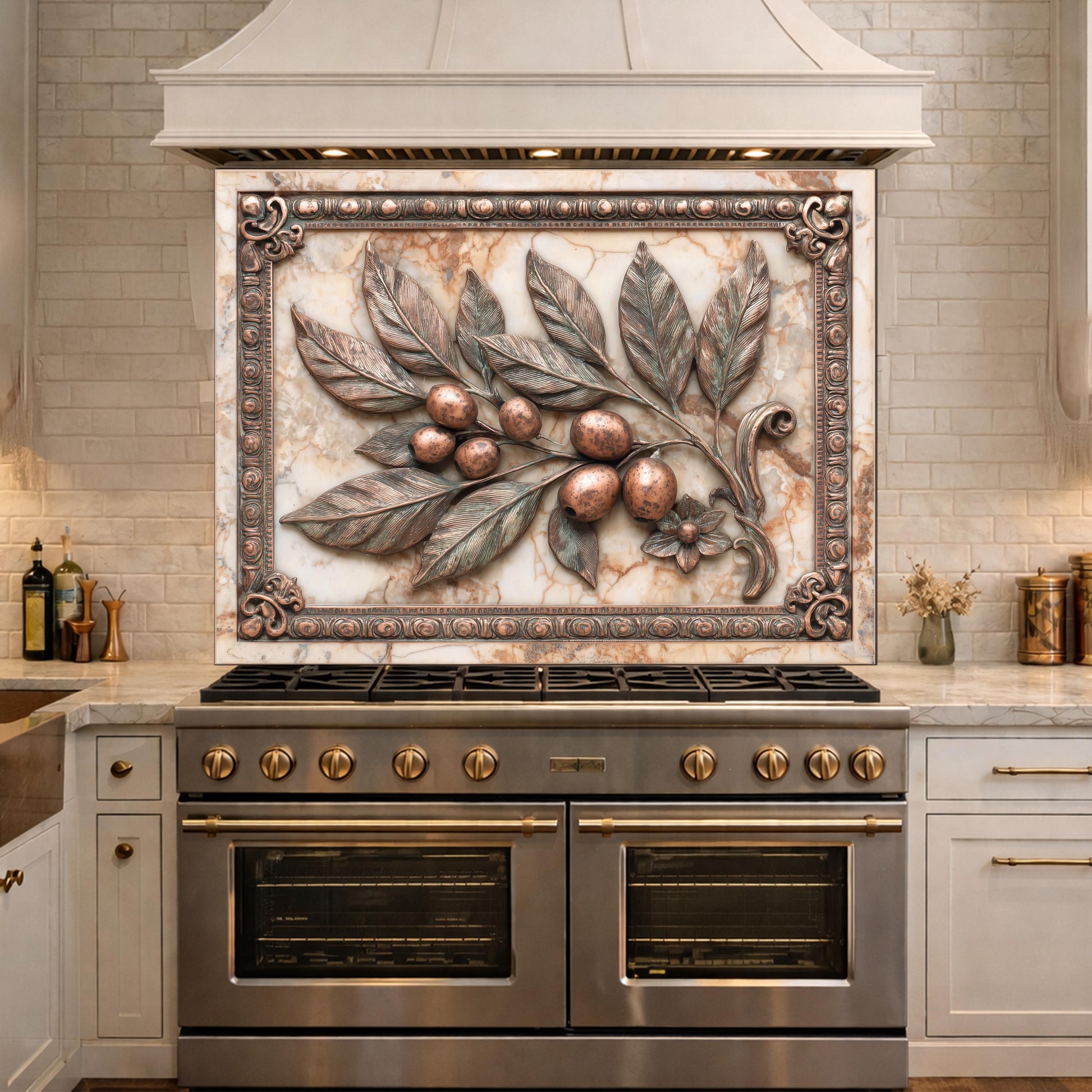 Mediterranean Olive Branch Backsplash, Copper Look Fruit Wall Panel, Marble Texture, Custom Size