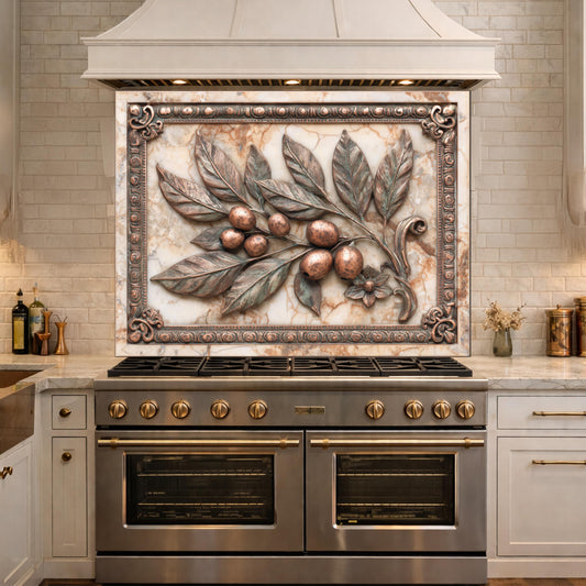 Mediterranean Olive Branch Backsplash, Copper Look Fruit Wall Panel, Marble Texture, Custom Size