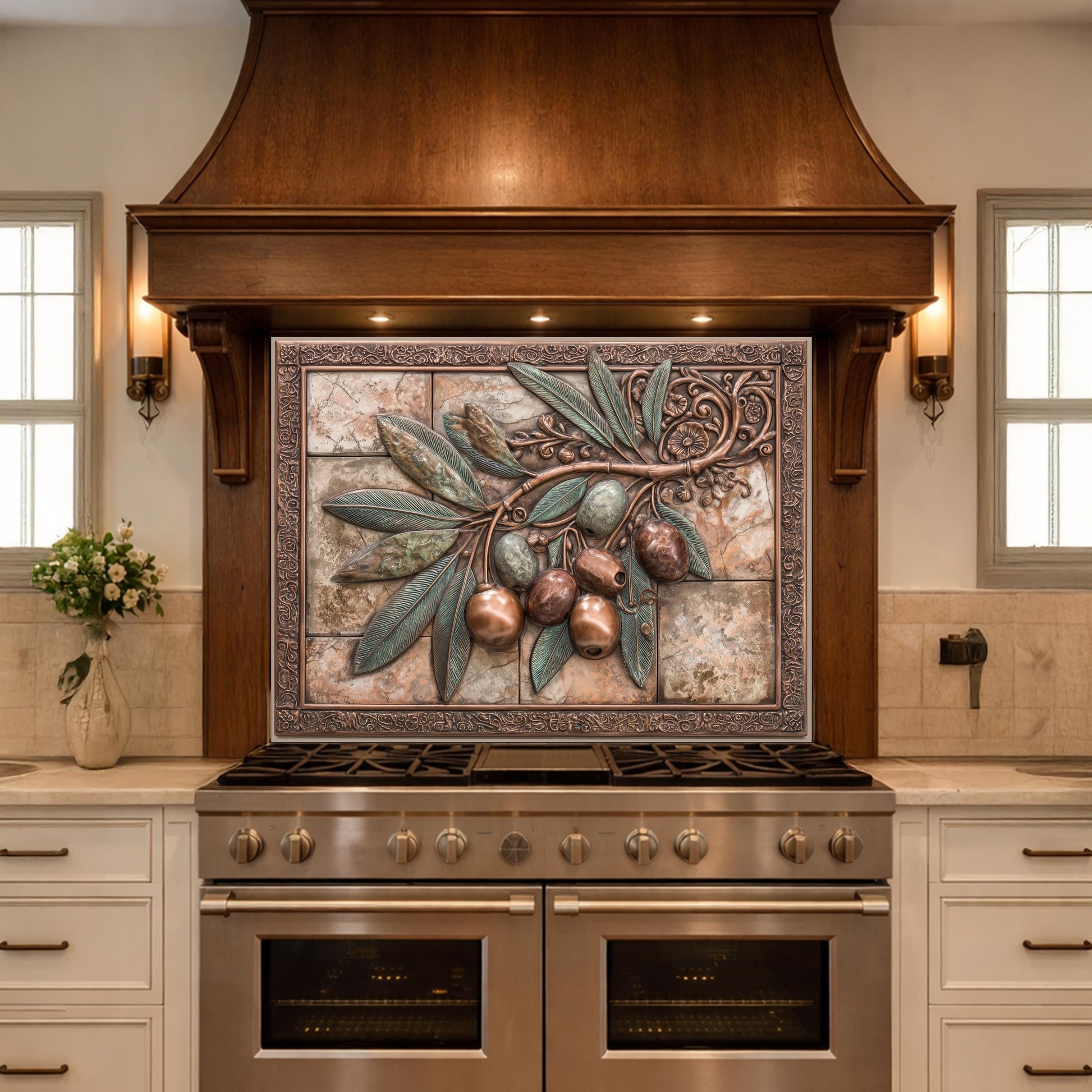 Rustic Olive Branch Backsplash, Copper Look Fruit Wall Panel, Mediterranean Kitchen Decor, Custom Size