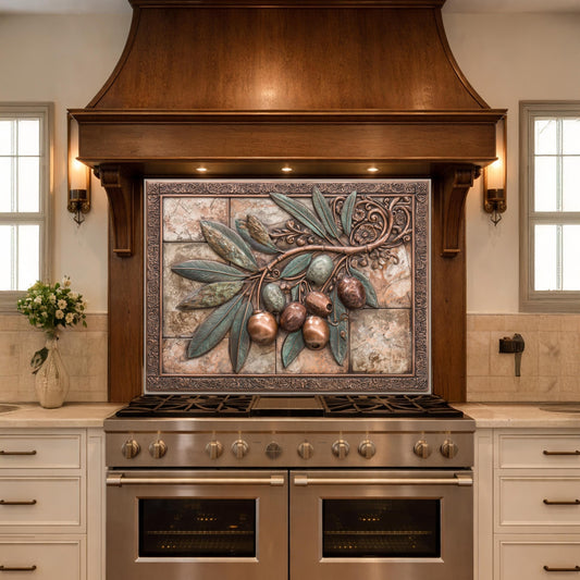 Rustic Olive Branch Backsplash, Copper Look Fruit Wall Panel, Mediterranean Kitchen Decor, Custom Size