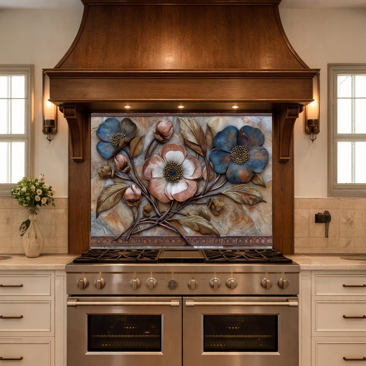 Blue and Copper Floral Backsplash, Metallic Blossom Glass Wall Panel, Marble Texture Decor