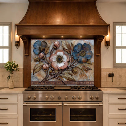 Blue and Copper Floral Backsplash, Metallic Blossom Glass Wall Panel, Marble Texture Decor
