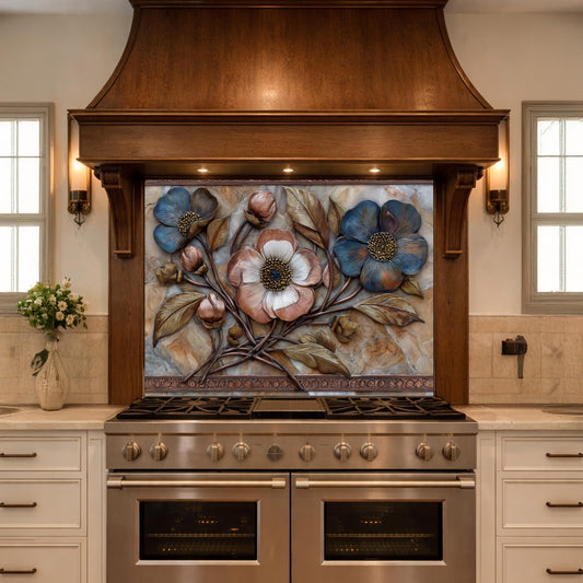 Blue and Copper Floral Backsplash, Metallic Blossom Glass Wall Panel, Marble Texture Decor