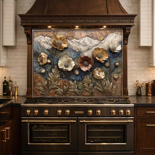 Alpine Poppies Tempered Glass Backsplash, Copper Look Mountain and Flower Wall Panel, Custom Size