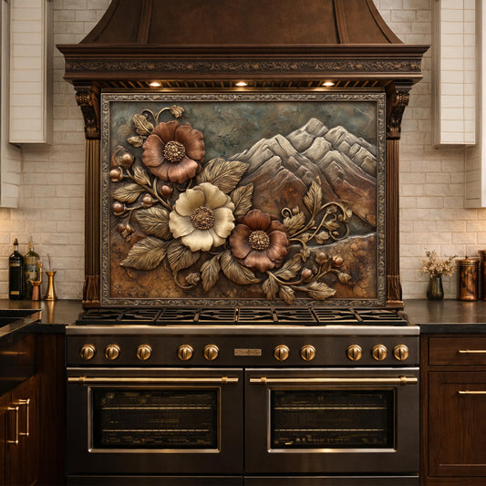 Alpine Peak Blossoms Backsplash, Copper Look Mountain and Flower Wall Panel, Custom Size
