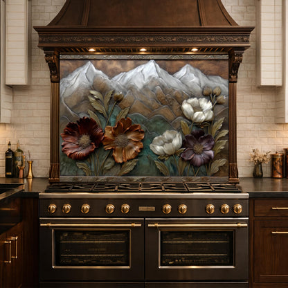 Alpine Blossom Tempered Glass Backsplash, Copper Look Mountain and Flower Wall Panel, Custom Size