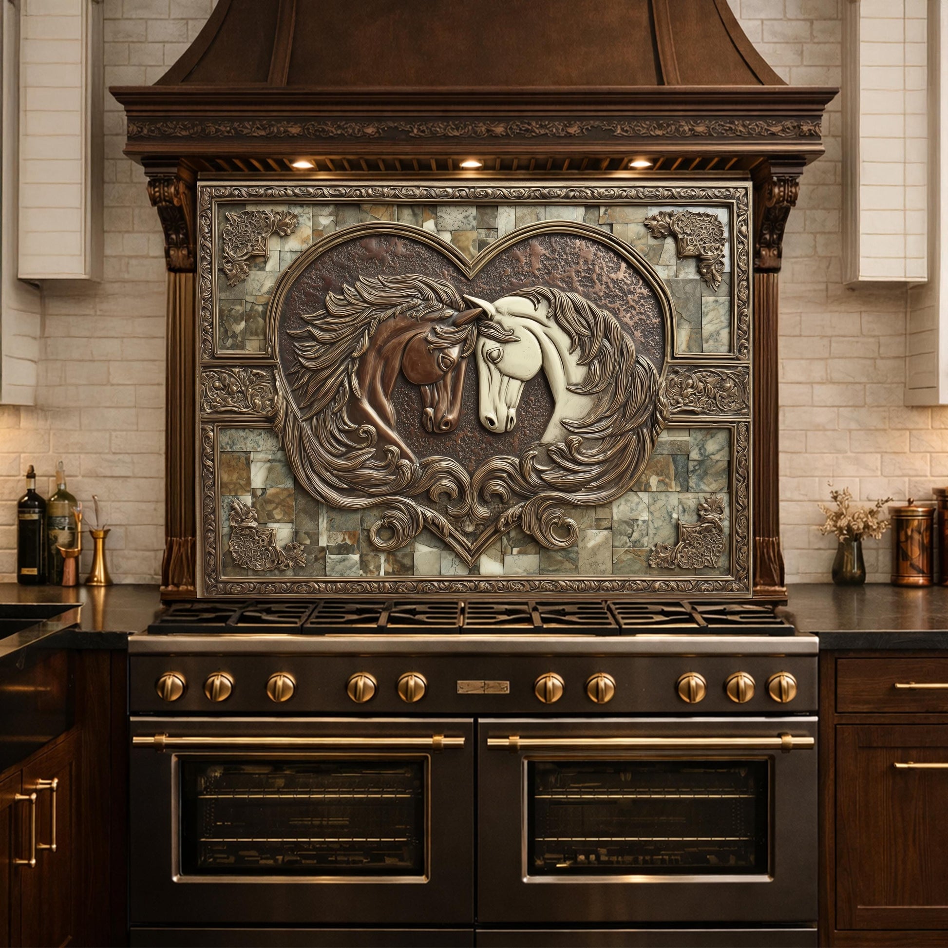 May include: A kitchen range hood with a decorative tile backsplash featuring two horses in a heart shape. The horses are brown and white, set against a mosaic tile background. The hood and range are dark brown.