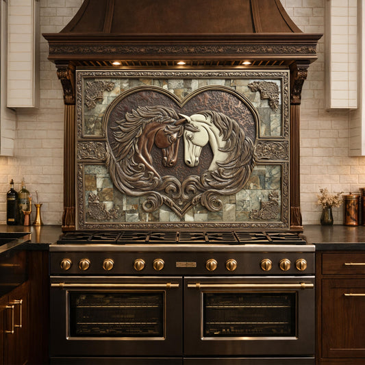 May include: A kitchen range hood with a decorative tile backsplash featuring two horses in a heart shape. The horses are brown and white, set against a mosaic tile background. The hood and range are dark brown.