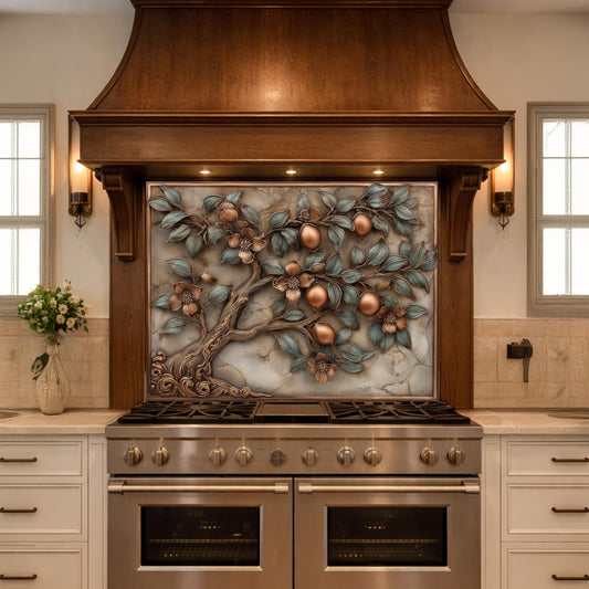 May include: A kitchen range hood with a decorative tile backsplash featuring a 3D relief of a tree with copper-colored fruit and flowers. The tree has blue-green leaves and is set against a marble-like background. The hood is made of dark wood.